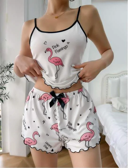 Pink Flamingo Desenli Askılı Şortlu Pijama Takımı