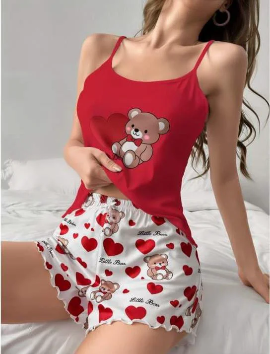 Kalpli Ayıcık Desenli Askılı Şortlu Pijama Takımı