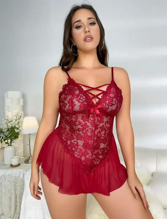 Büyük Beden Bordo Dantel İşlemeli Fırfırlı Fantezi Babydoll