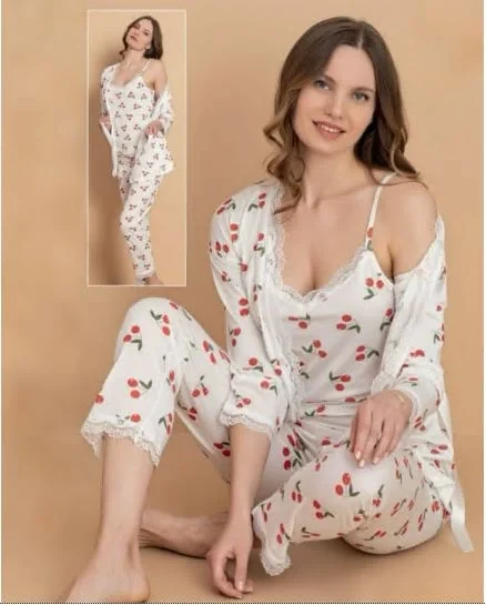 Stil Moda 7046 Kadın Kirazlı Askılı Sabahlıklı Pijama Takımı