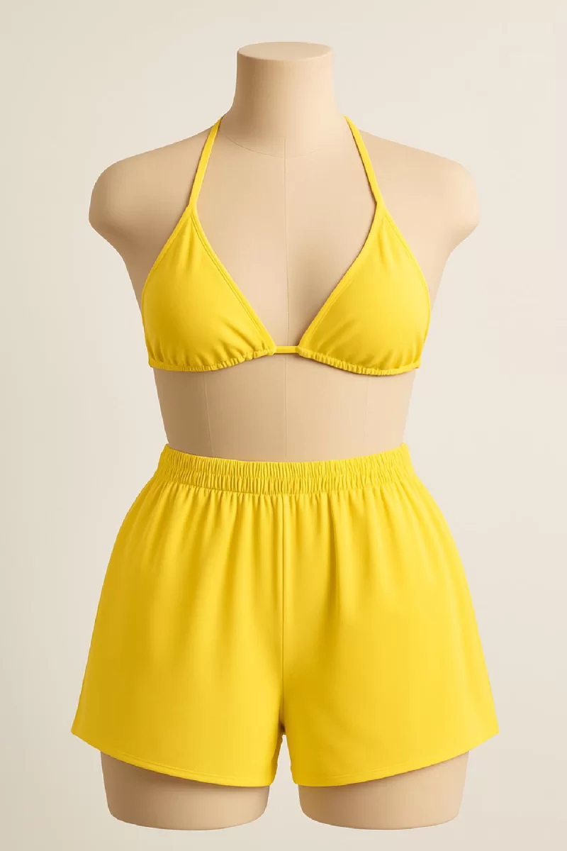 Kadın Sarı Şortlu Belden ve Boyundan Bağlamalı Bikini Takımı
