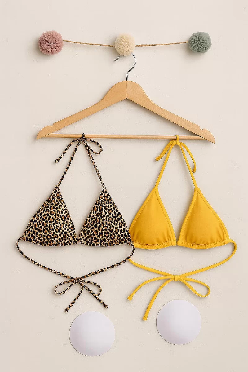 Kadın Leopar Desenli ve Sarı Minimal Kesim Üçgen Bikini Üstü