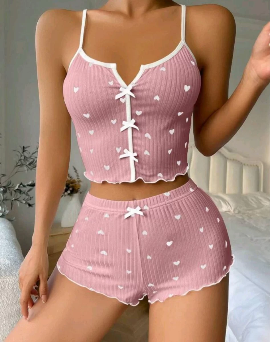 Kadın Pembe Kalpli Askılı Şortlu Pijama Takım 6654