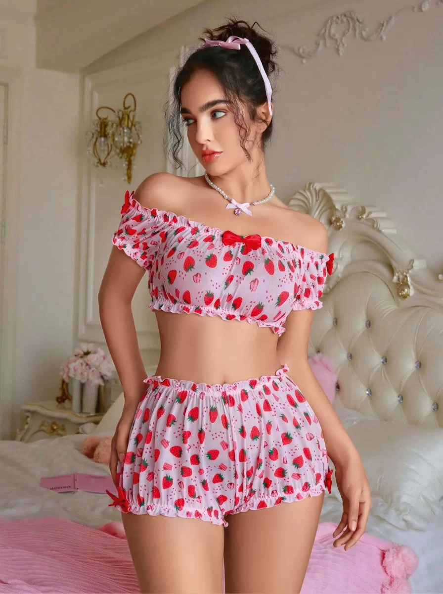 Kadın Pembe Çilek Desenli Sexy Kostüm 8014