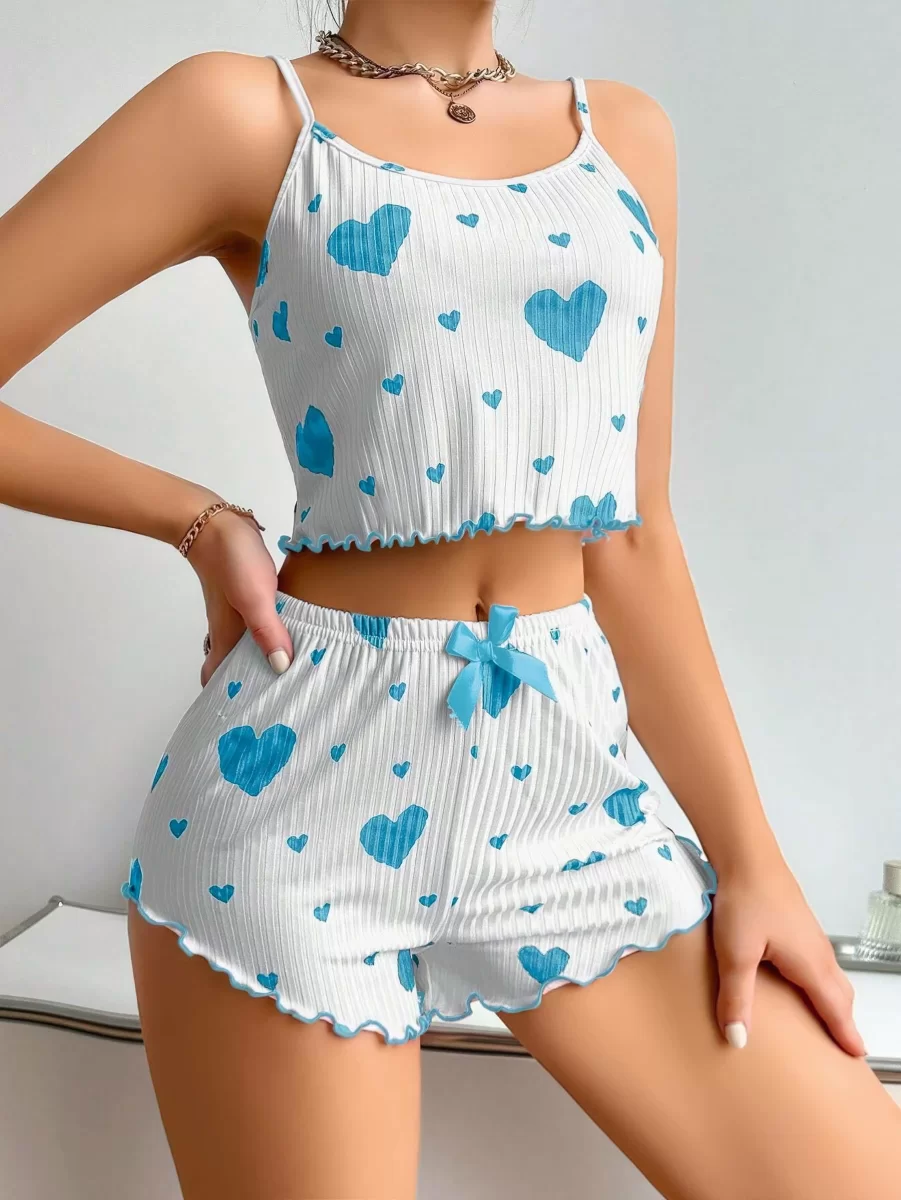 KadınBeyaz Mavi Kalp Desenli Askılı Şortlu Pijama Takım 6657