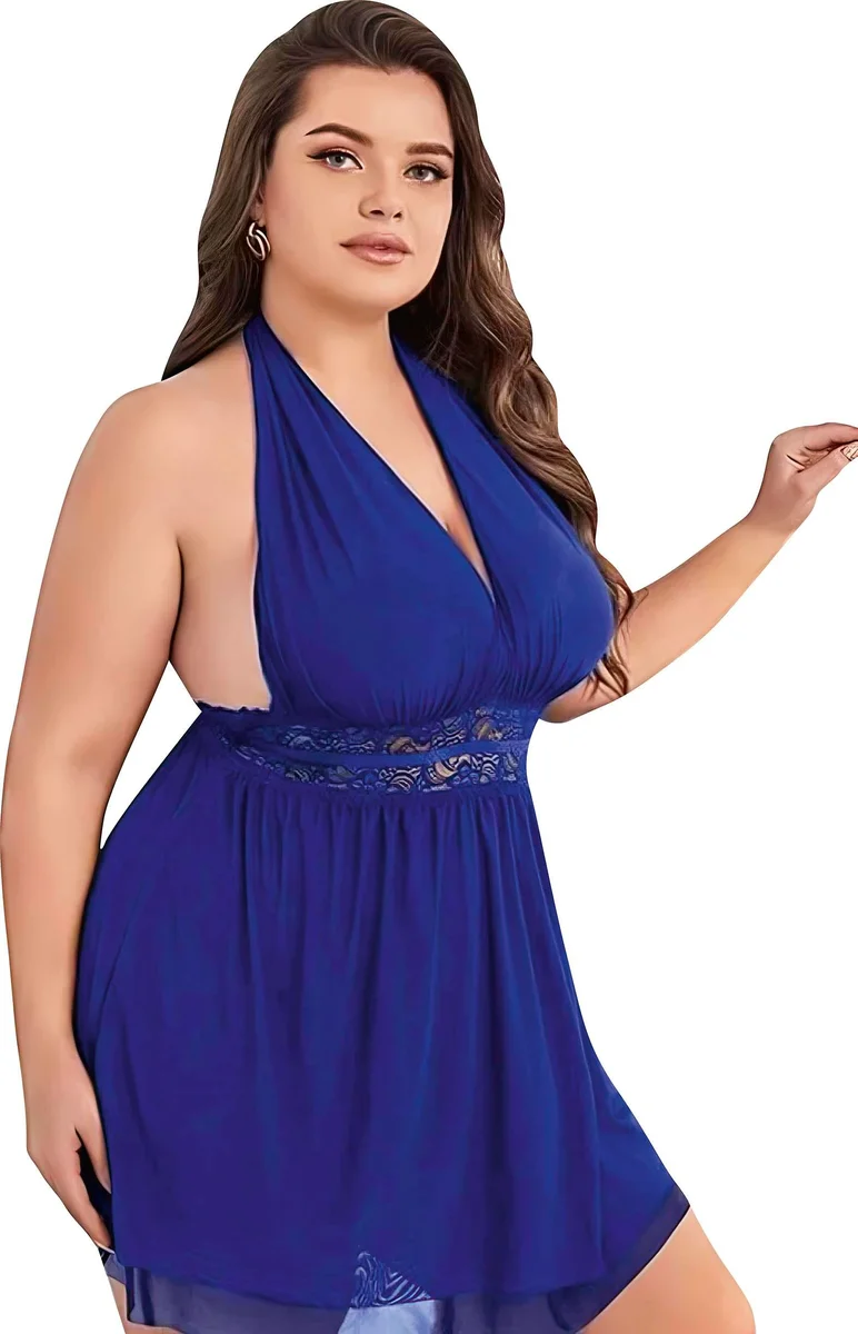 Büyük Beden Mavi Dantel İşlemeli Boyundan Bağlamalı Fantezi Tül Gecelik