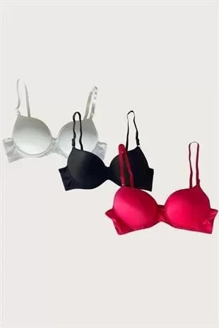 Beyaz-Siyah-Kırmızı 3'lü Mikro Kumaş Push Up Dolgulu Balenli Günlük Destekli Sütyen