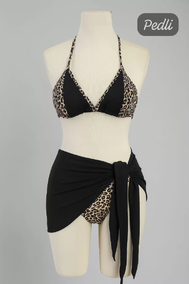 Kadın Siyah ve Leopar Desenli Pareolu 3'lü Bikini Takımı