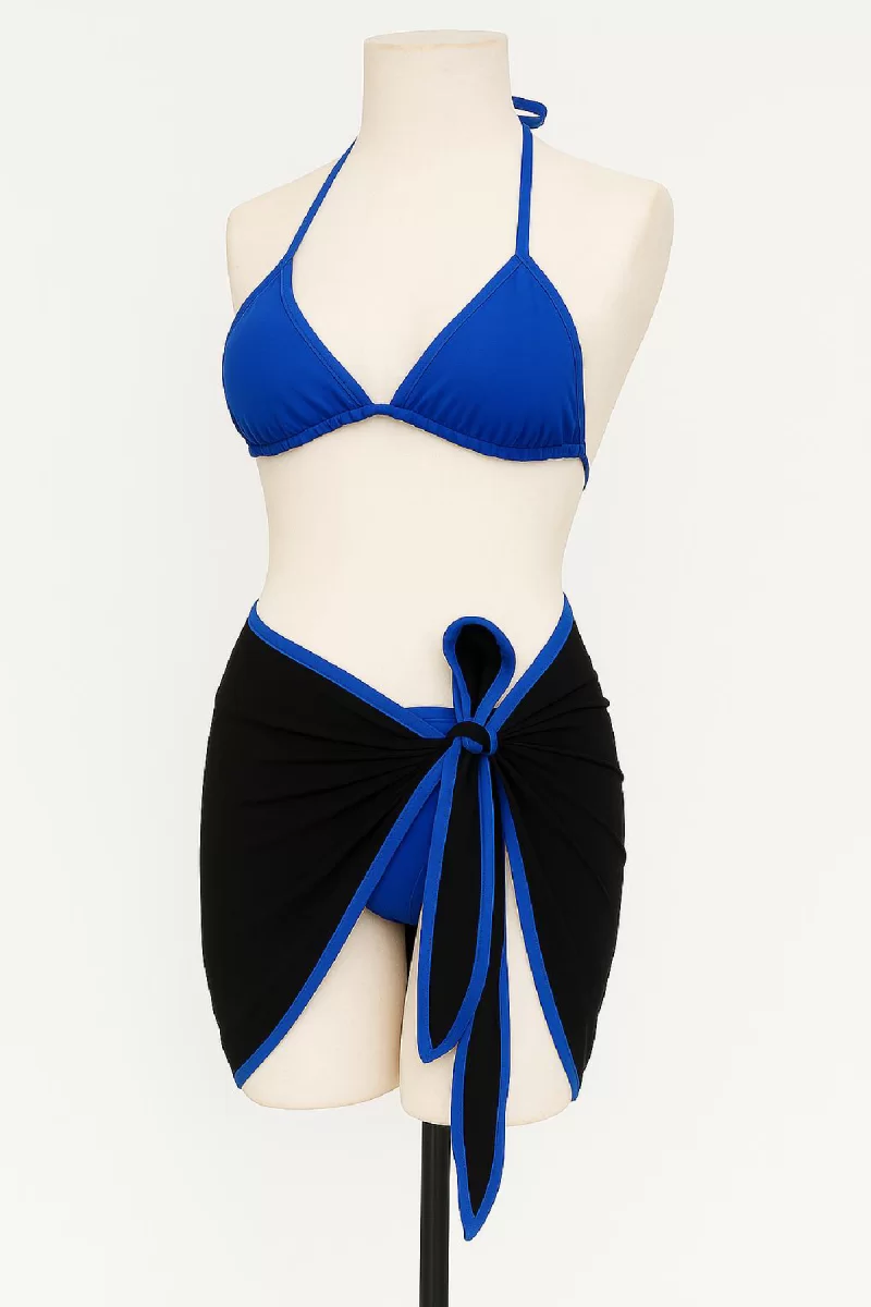 Kadın Mavi Pareolu Yandan ve Boyundan Bağlamalı 3'lü Bikini Takımı