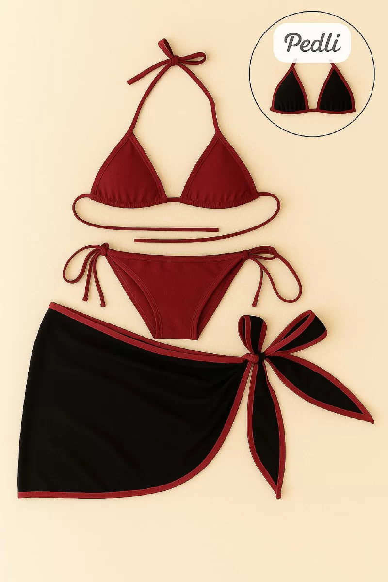 Kadın Bordo Siyah Pareolu Yandan ve Boyundan Bağlamalı 3'lü Bikini Takımı