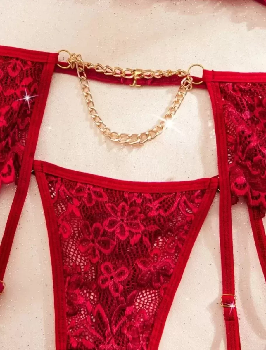 Bordo ,  Gold Zincirli Jartiyer Takımı