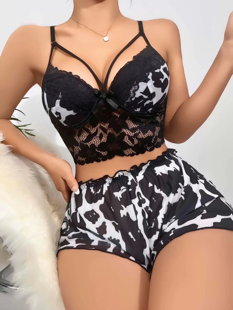 Kadın Leopar Dantel detaylı Şortlu Gecelik Pijama Takımı 5055