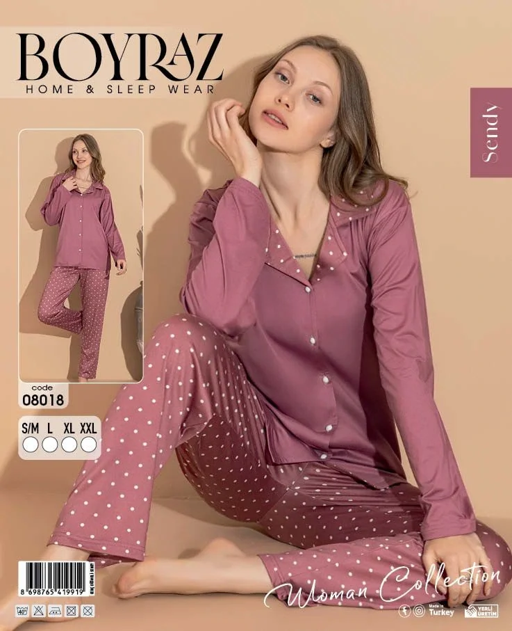 Boyraz 08018 Sendy Kumaş Gömlek Yaka Pijama Takımı