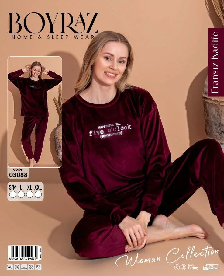 Boyraz 03088 Fransız Kadife Kumaş Uzun Kol Pijama Takımı