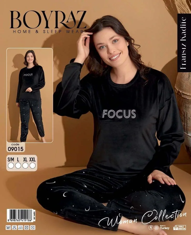 Boyraz 09015 Fransız Kadife Kumaş Uzun Kol Pijama Takımı