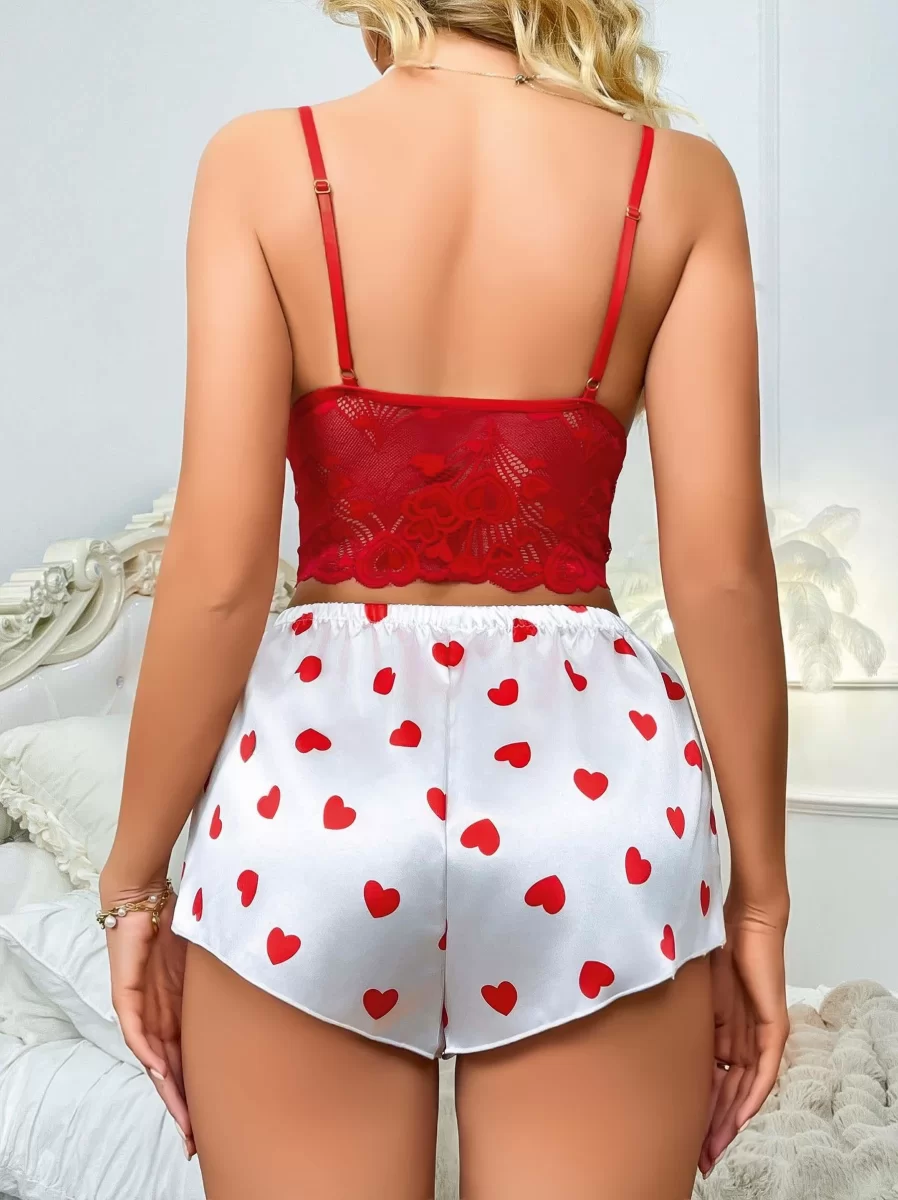 Kadın Kırmızı Kalp Desenli Şort Askılı Dantel Üst Pijama Takımı 2218