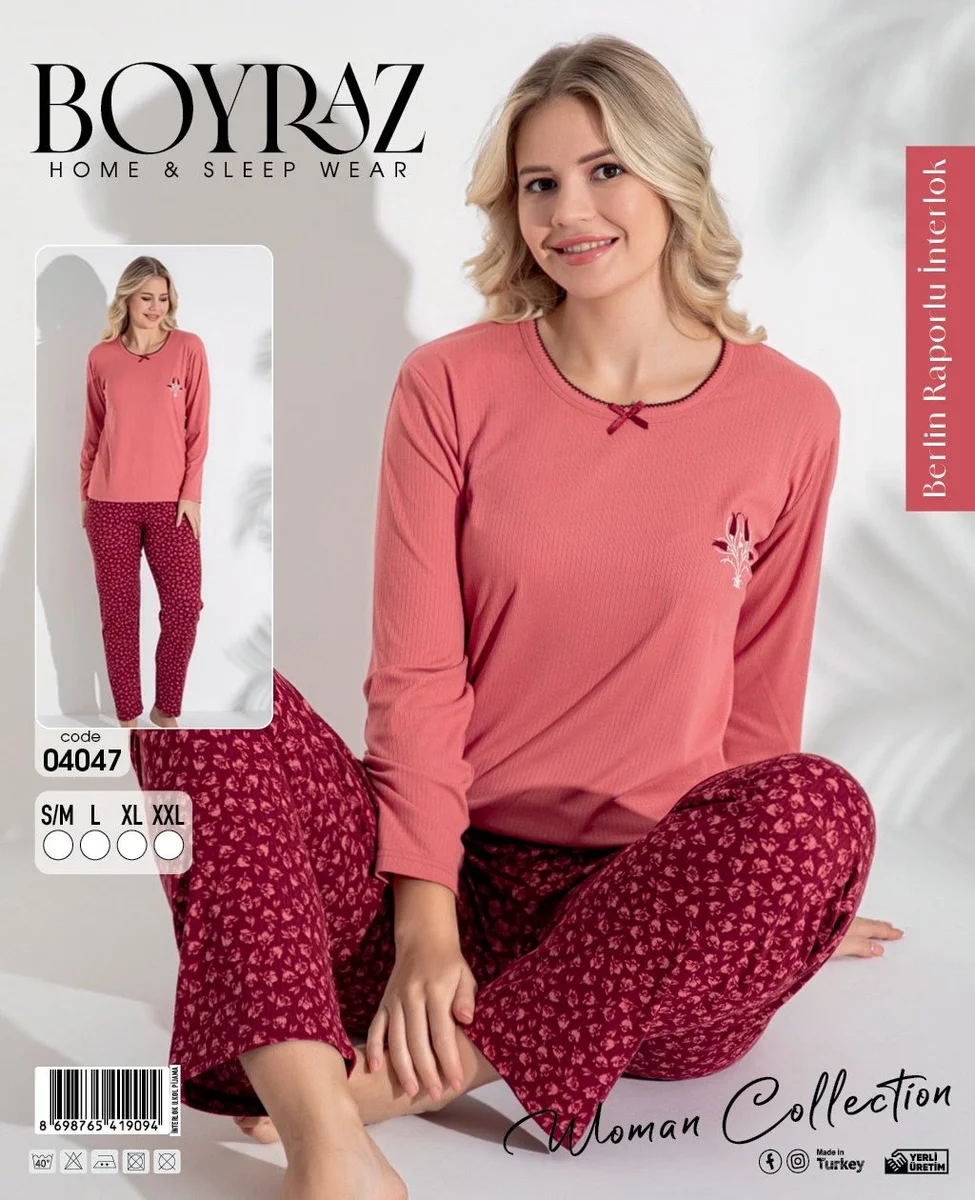Boyraz 04047 Kadın Raporlu Uzun Kol Pijama Takımı