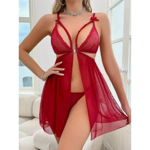 Fantezi Kırmızı Dantel Sütyenli Transparan Gecelik