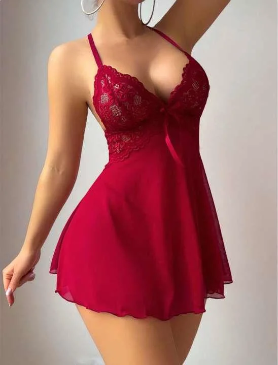 Bordo Dantel İşlemeli Boyundan Bağlamalı Likralı Fantezi Tül Gecelik