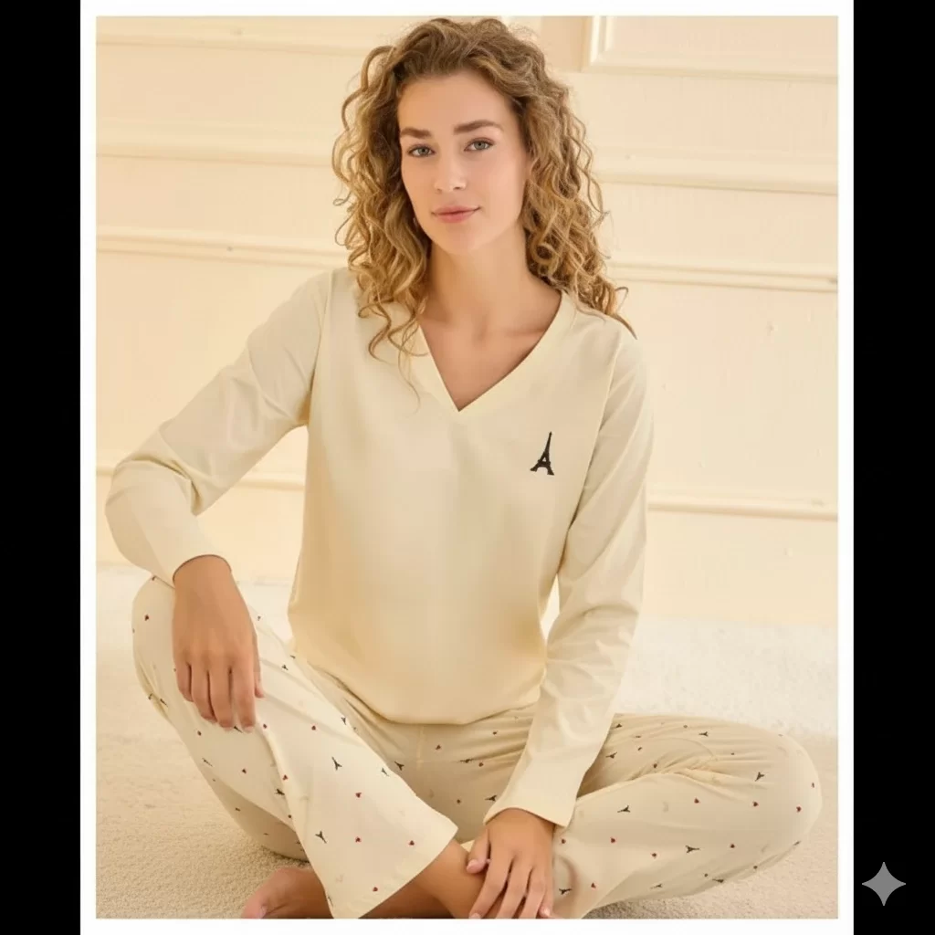 90759 Kadın V Yaka Uzun Kol Pijama Takımı