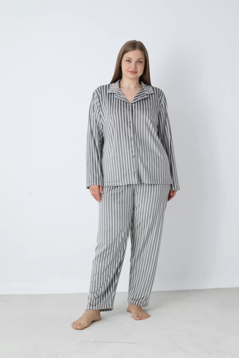 Estiva 25370 Gömlek Yaka Battal Kadife Pijama Takımı