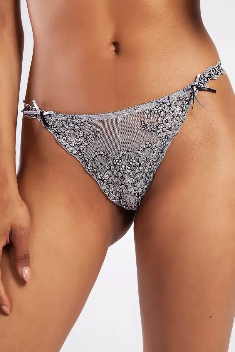 Giselle Mini String, Kadın Güpürlü Saten Gri String Külot