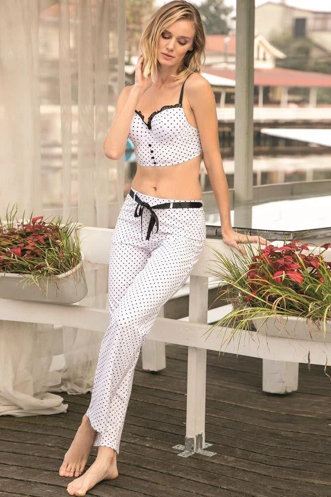 Fantezi Bralet Sütyen Pamuklu Puantiye Desenli Desteksiz Dantel Detaylı Pijama Takımı