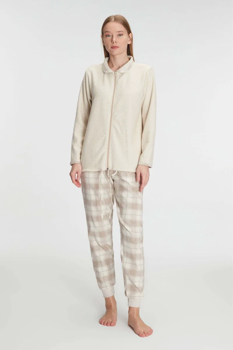 Fermuarlı Uzun Kol Sweatshirt Pantolon Takım Viskon ve Pamuklu Pijama Takımı