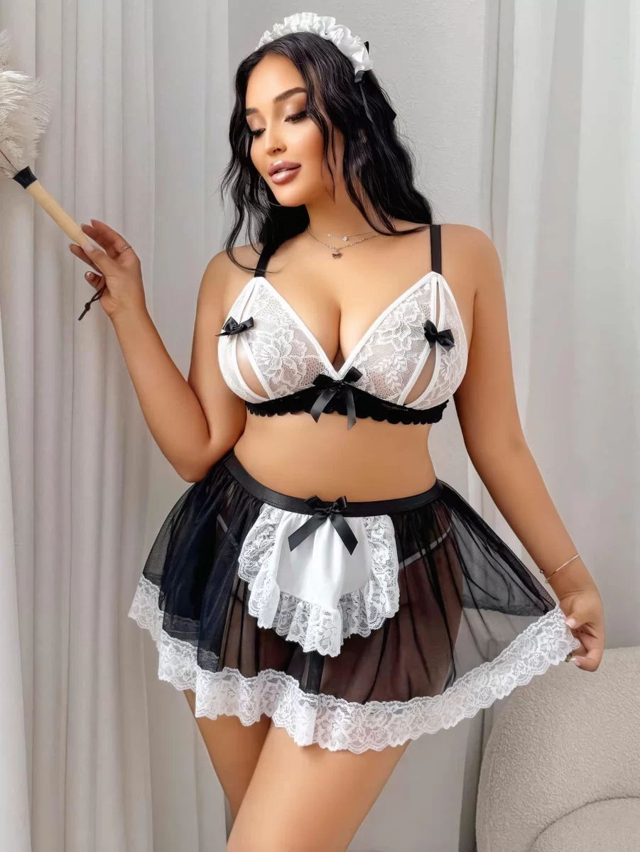Kadın Büyük Beden  Seksi Hizmetçi Kostüm Fantezi Transparan Tül Fantezi Erotik 8006