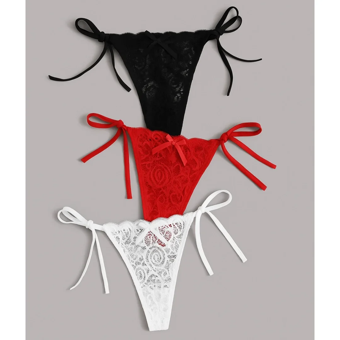 Kadın 3'lü Dantelli Yandan Bağlamalı Seksi Tanga