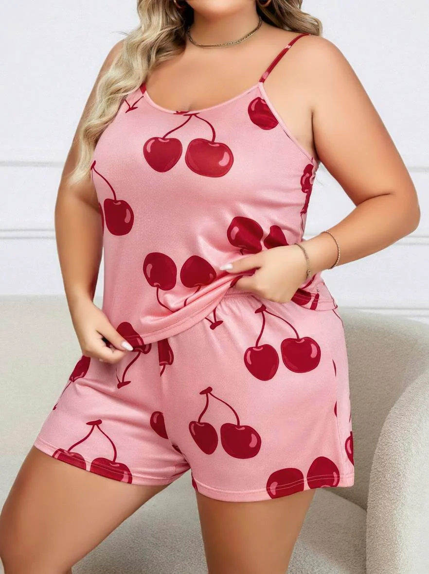 Büyük Beden Pembe Kiraz Desen İnce Askılı Pamuklu Şortlu Pijama Takımı