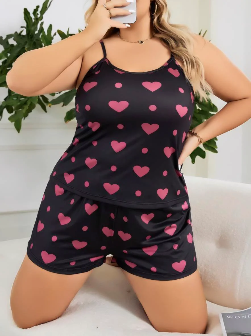 Büyük Beden Siyah Kalp Desen İnce Askılı Pamuklu Şortlu Pijama Takımı