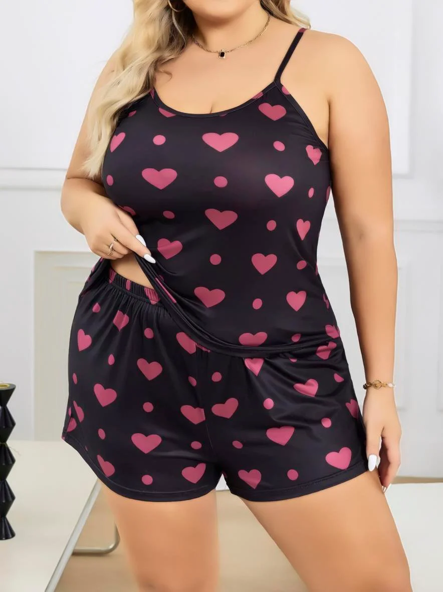 Büyük Beden Siyah Kalp Desen İnce Askılı Pamuklu Şortlu Pijama Takımı