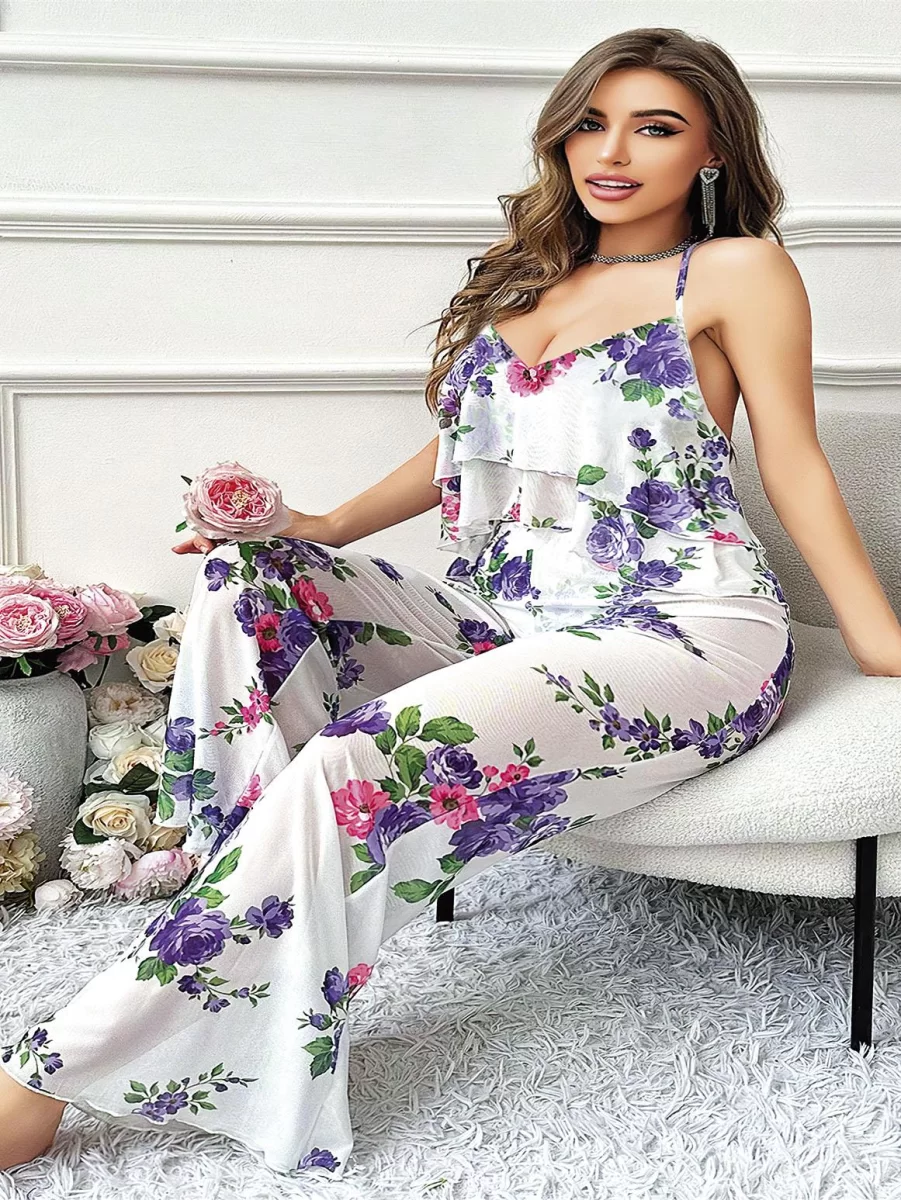 Özel Tasarım Büyük Beden Çiçek Desenli Fırfırlı 2'li Pijama Takımı