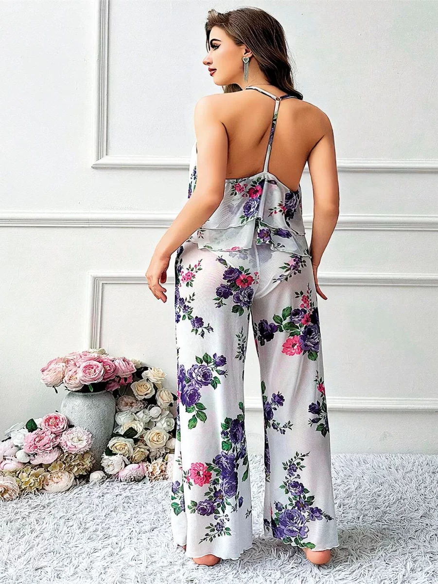 Özel Tasarım Büyük Beden Çiçek Desenli Fırfırlı 2'li Pijama Takımı