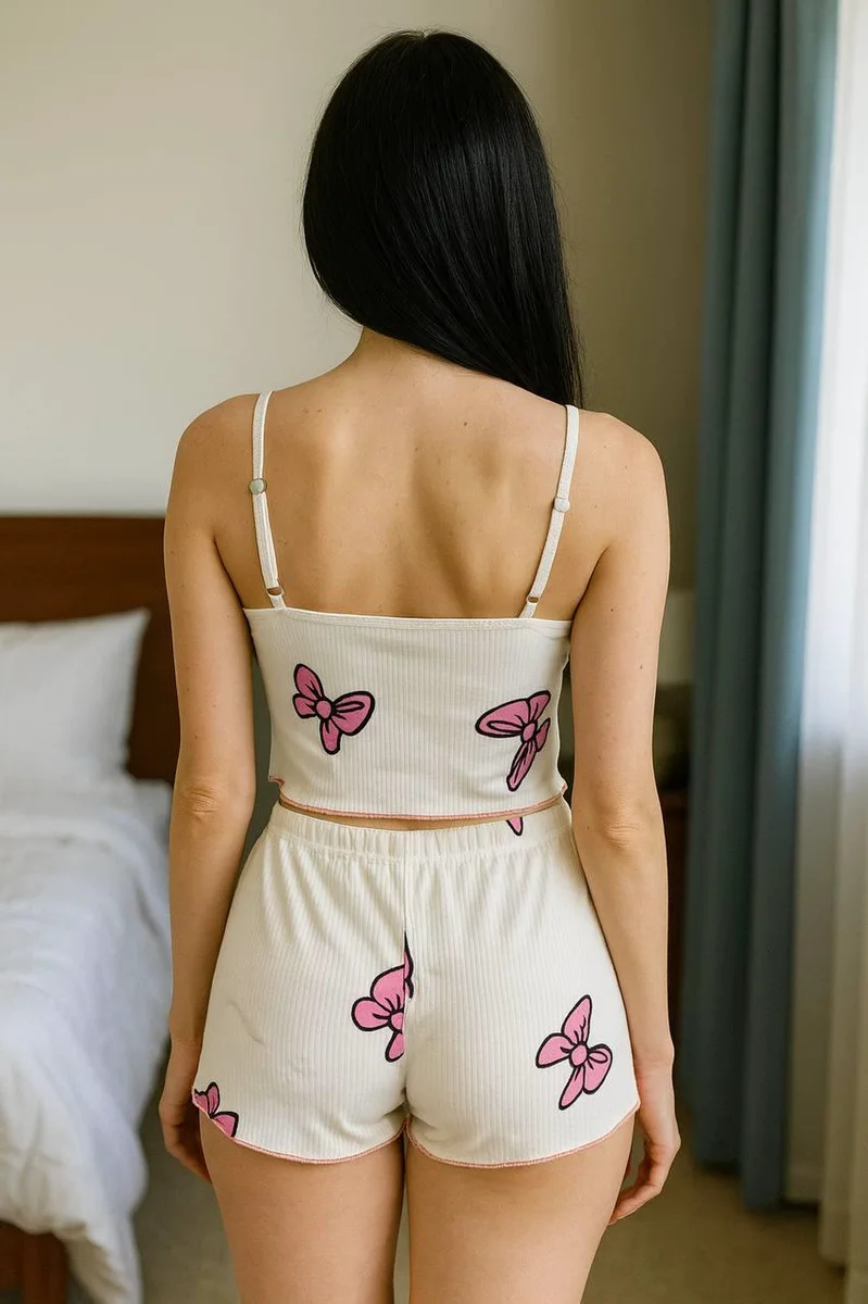 Beyaz Üstüne Kelebek Desenli Askılı Şortlu Pijama Takımı