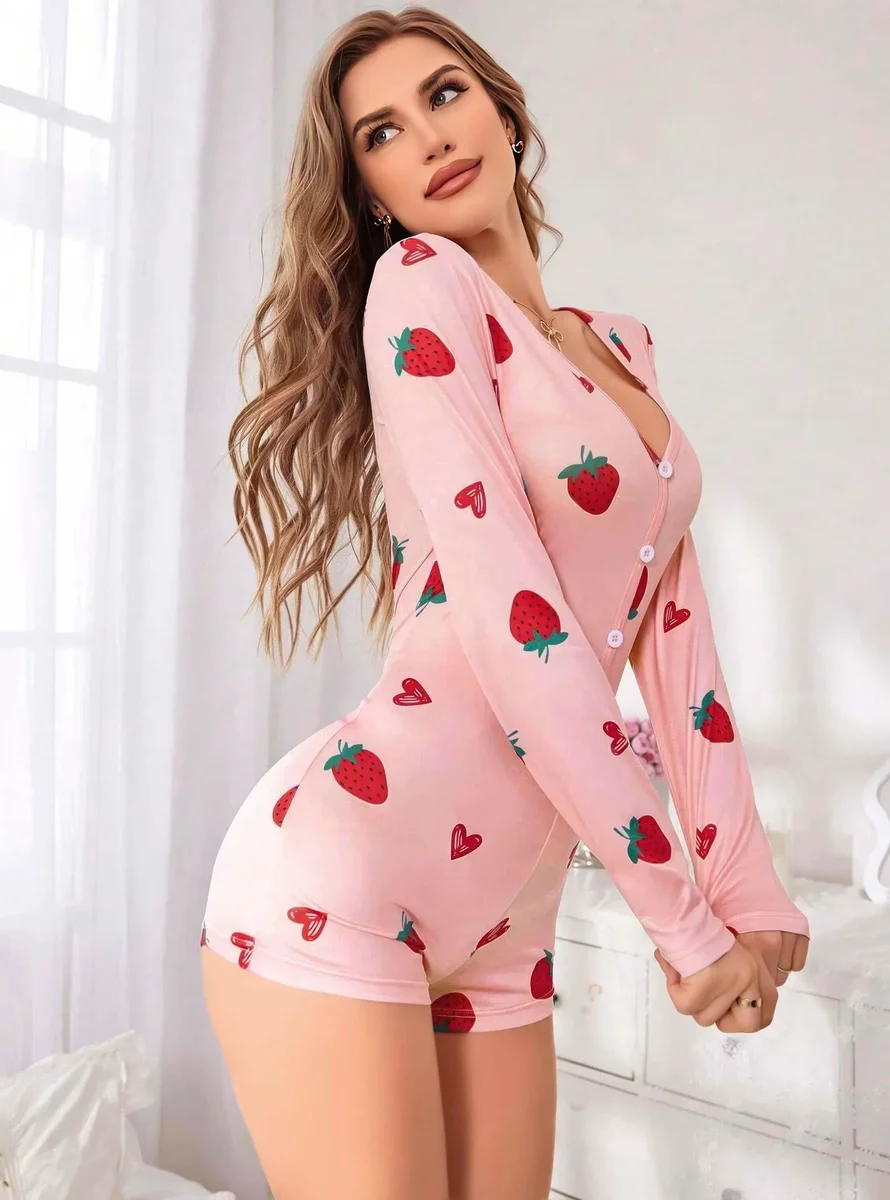 Pamuklu Pembe Çilek Desenli Tulum Pijama