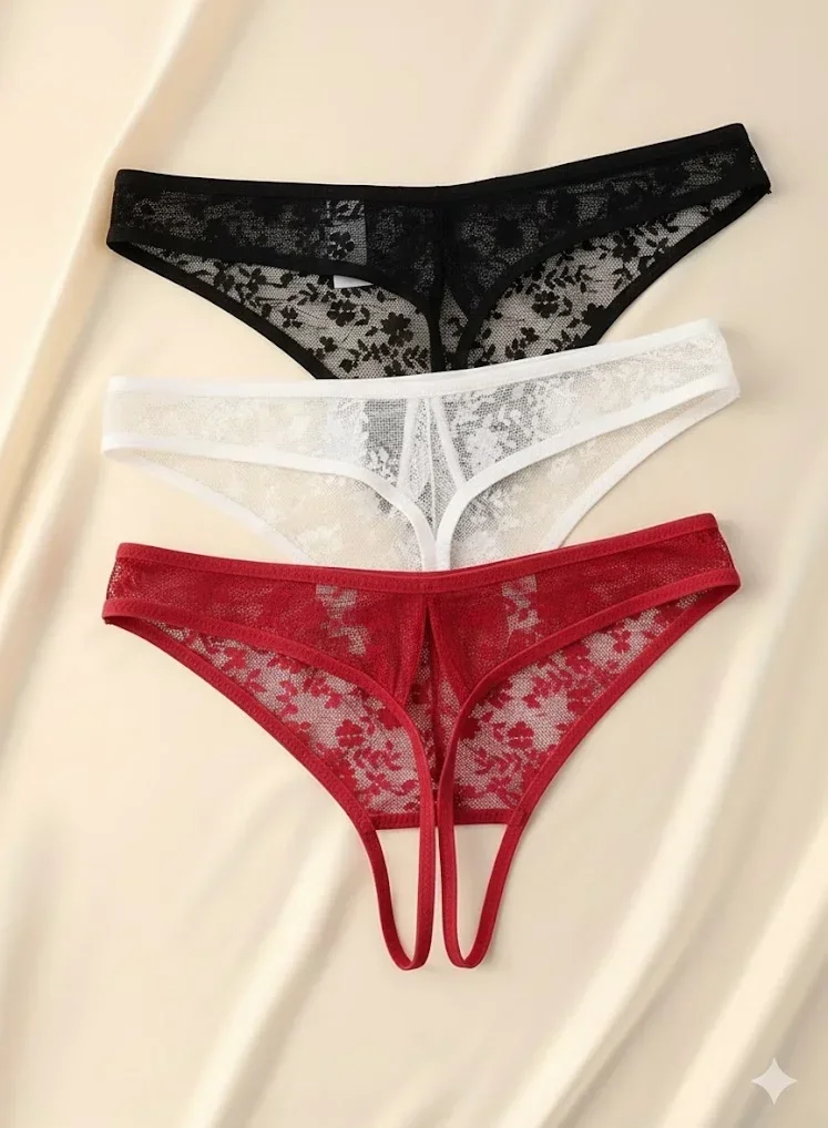 Kadın 3'lü Seksi Ağ Bölgesi Açık Dantelli Tanga Seti