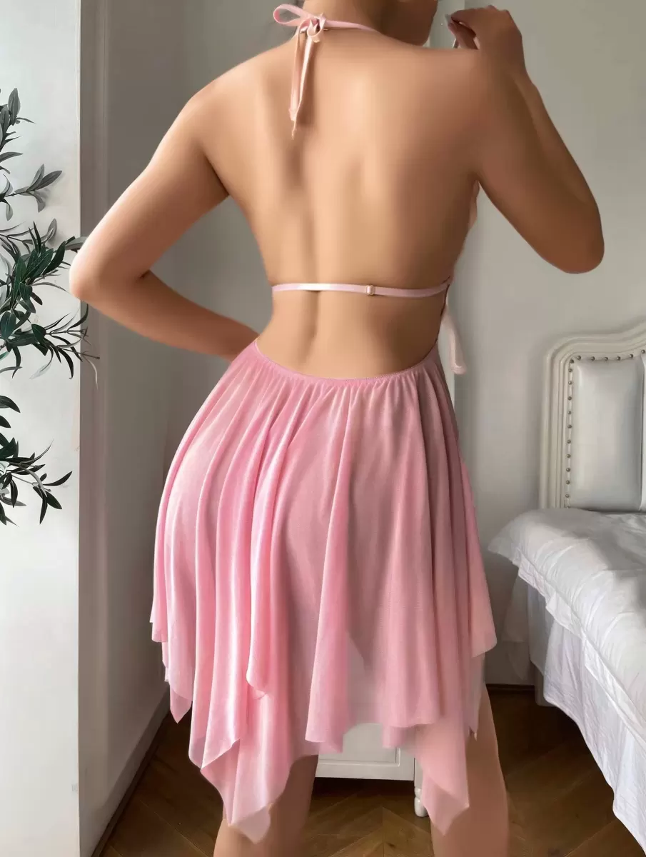 Kadın Pembe Kelebek Detaylı Tül Şık Tasarım Gecelik