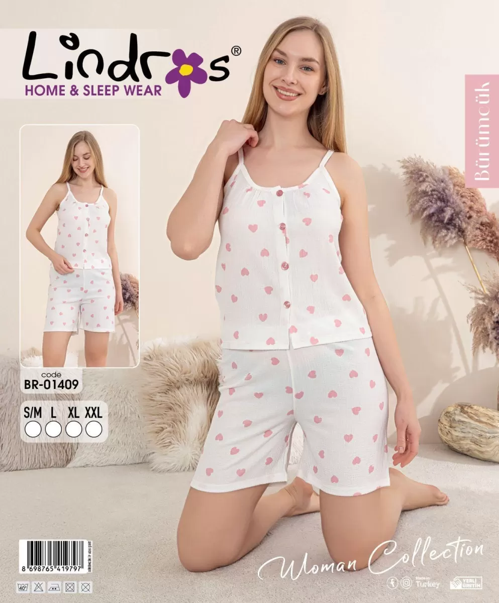 Lindros BR-01409 Kadın İp ASkılı Bürümcük Düğmeli Şort Takım