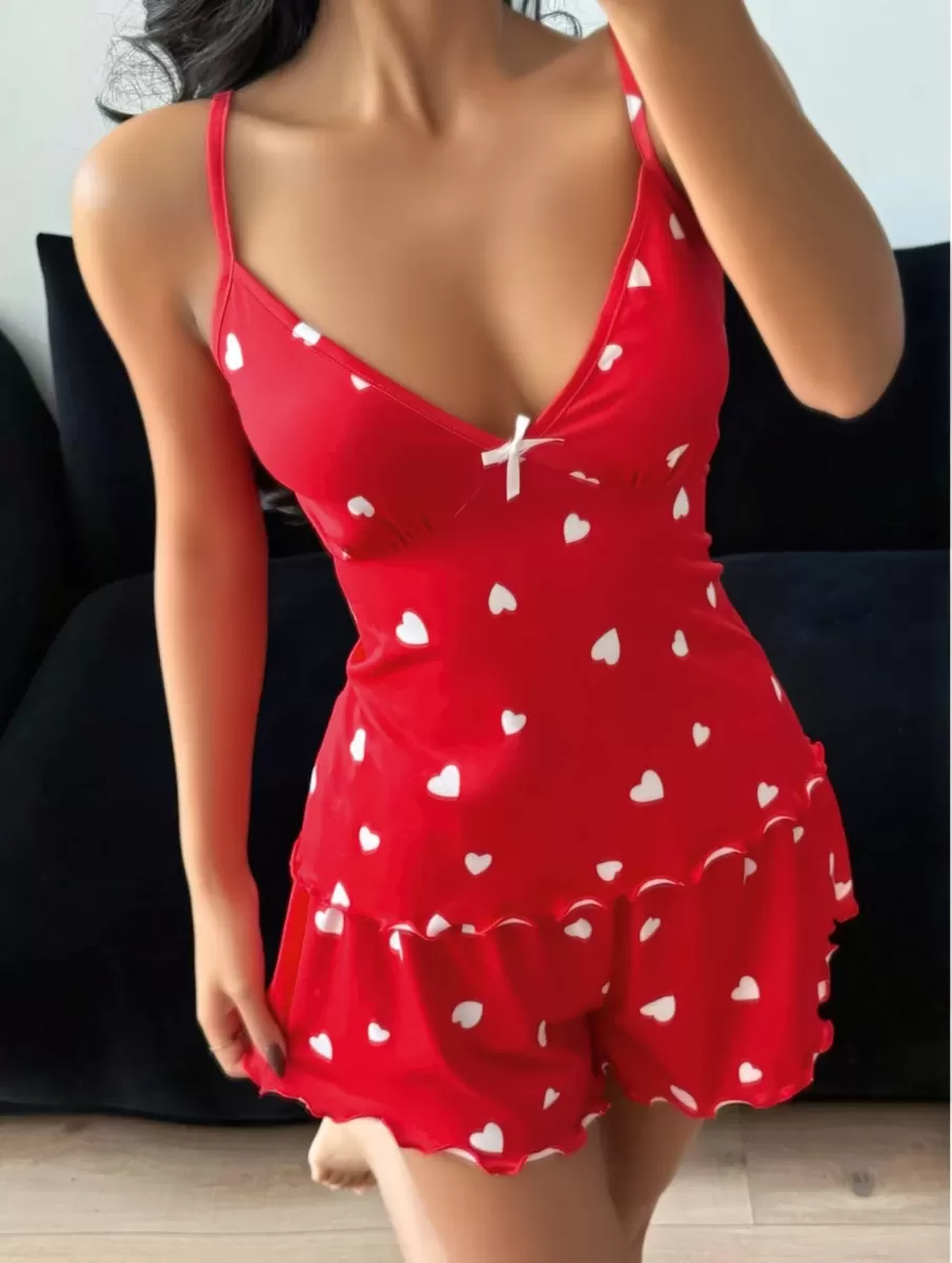 Kadın Kalp Desenli Şortlu Pijama Takımı Rahat ve Şık Ev Giyim Seti