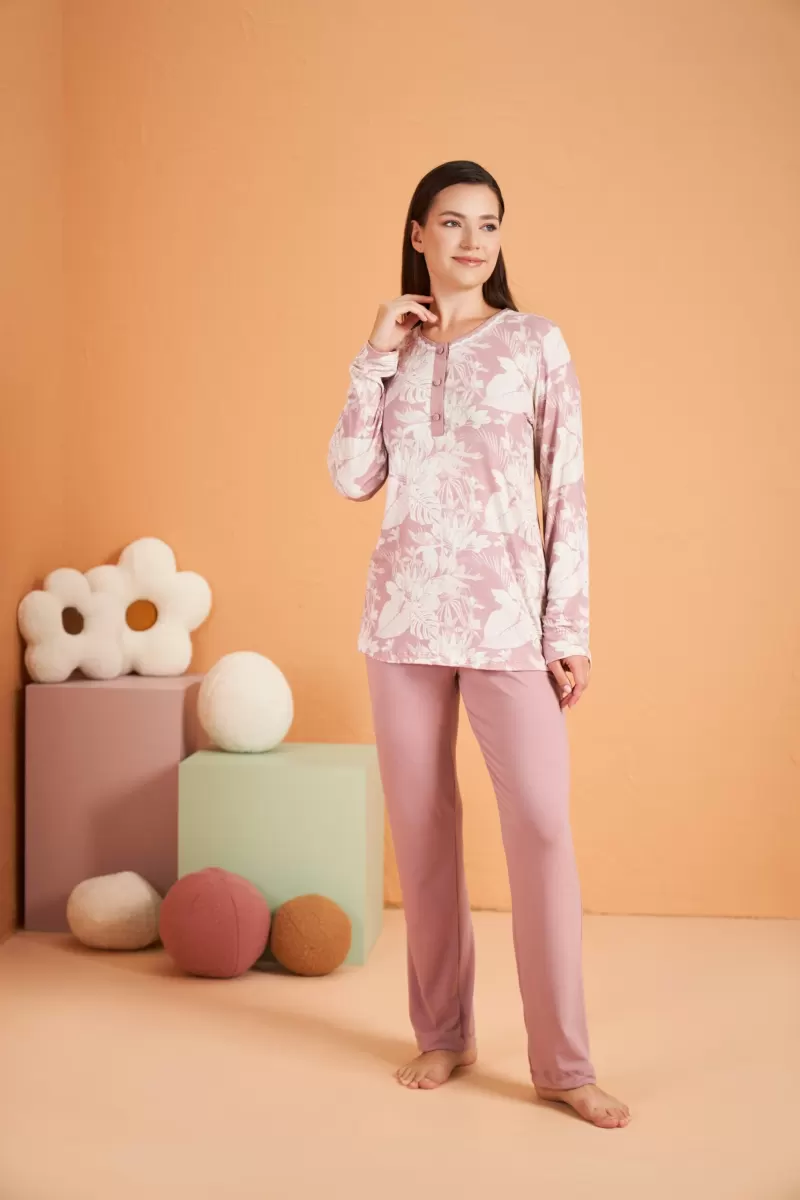 PJS 28016 Kadın Uzun Kol Yarı Patlı Desenli Pijama Takım