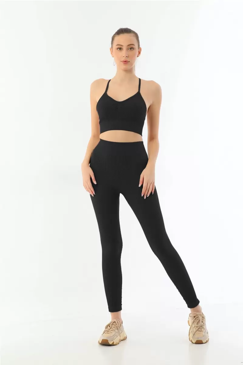 Siyah  3921 Soft Seamless Ripli Tayt Yoga Takımı