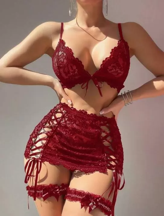 Bordo Transparan Dantel İşlemeli İp Detaylı Fantezi Takım