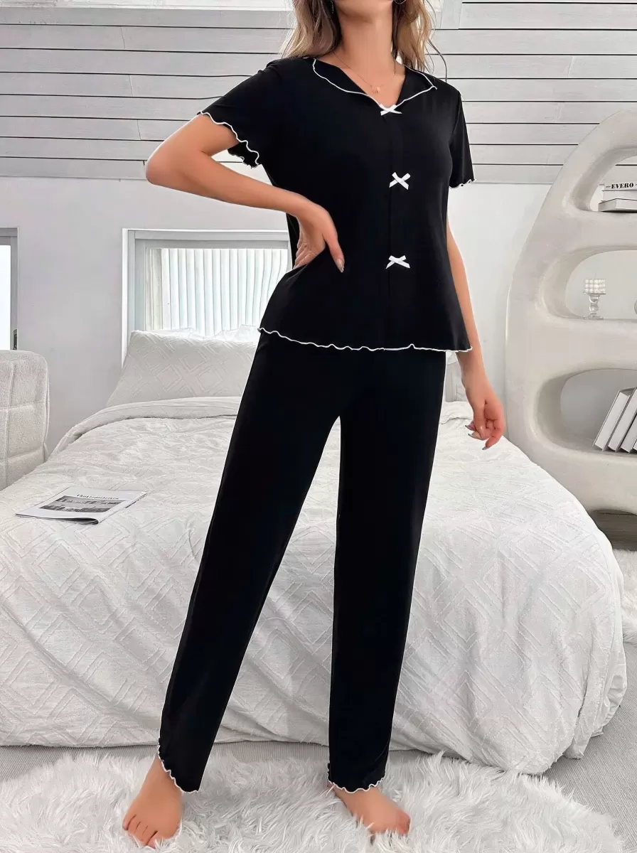 Kadın Siyah Fiyonk Detaylı Yumuşak Pamuklu Uzun Pijama Takımı 5130