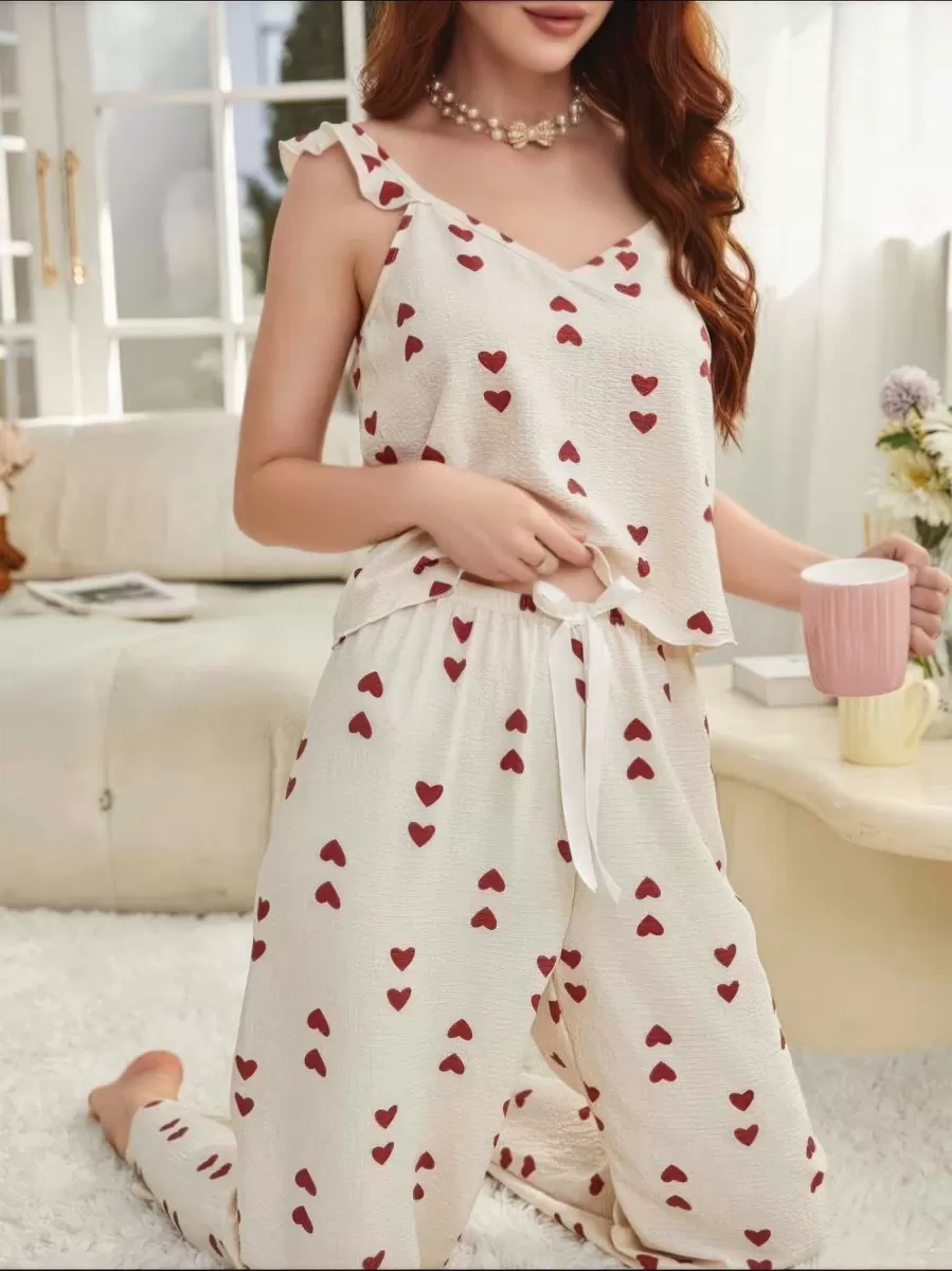 Kadın Ekru Kırmızı Kalp Desenli Yumuşak Pamuklu Uzun Pijama Takımı 5136