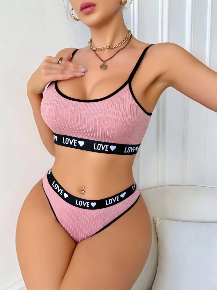 Kadın Pembe Love Yazı Detaylı Zarif Bikini Mayo Takımı Özel Tasarım