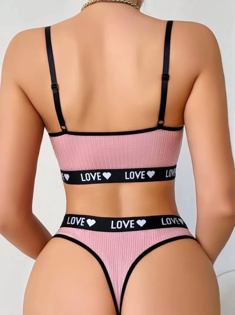 Kadın Pembe Love Yazı Detaylı Zarif Bikini Mayo Takımı Özel Tasarım