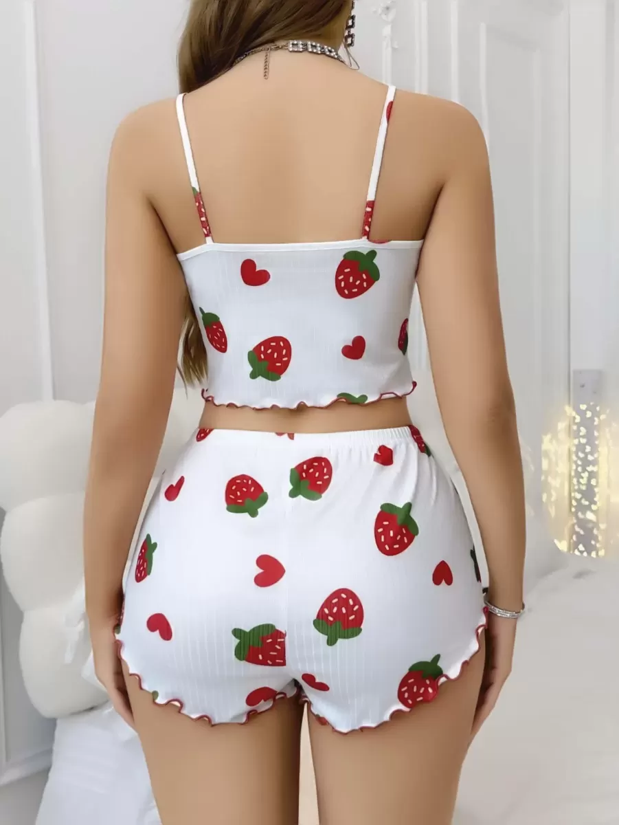 Kadın Beyaz Çilek Desenli Şortlu Pijama Takımı Sevimli Rahat 2’li Set