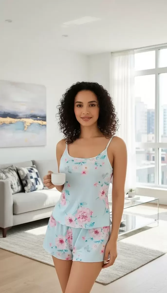 Kadın Bebek Mavisi Çiçek Desenli Askılı Şortlu Pijama Takımı Rahat Şık 2’li Set